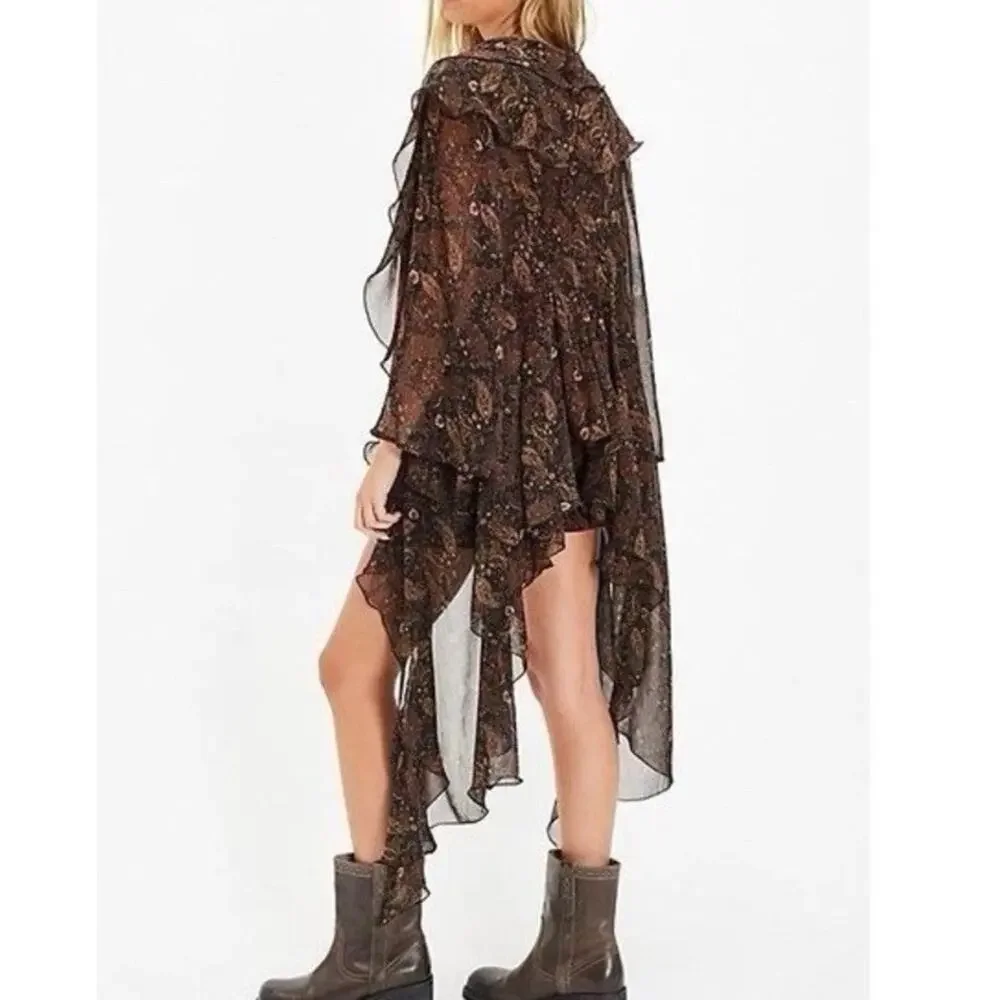 Free People Sheer Ruffle Brown Paisley Y2K Boho High Low Duster Cover Up Sz M/L